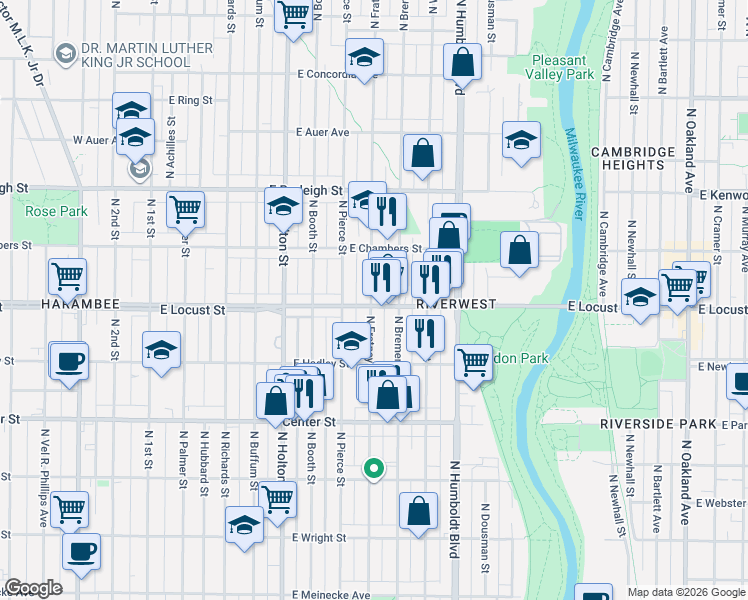 map of restaurants, bars, coffee shops, grocery stores, and more near 2878 North Fratney Street in Milwaukee