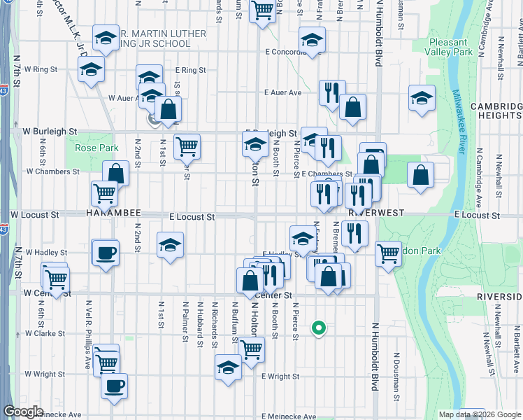 map of restaurants, bars, coffee shops, grocery stores, and more near in Milwaukee