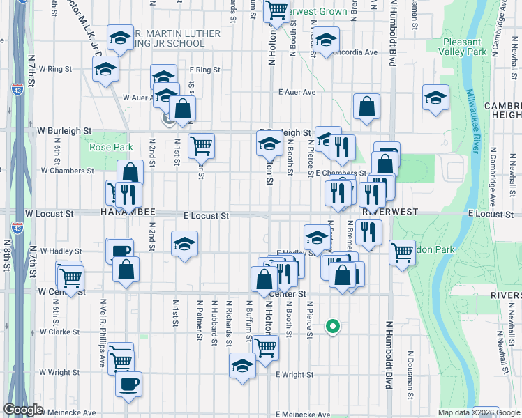 map of restaurants, bars, coffee shops, grocery stores, and more near 2849A North Buffum Street in Milwaukee
