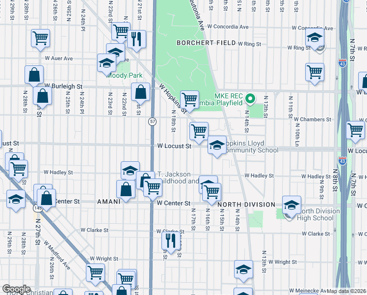 map of restaurants, bars, coffee shops, grocery stores, and more near 2865 North 17th Street in Milwaukee