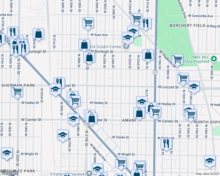 map of restaurants, bars, coffee shops, grocery stores, and more near in Milwaukee