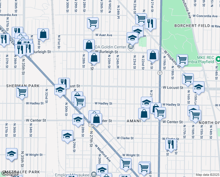 map of restaurants, bars, coffee shops, grocery stores, and more near in Milwaukee