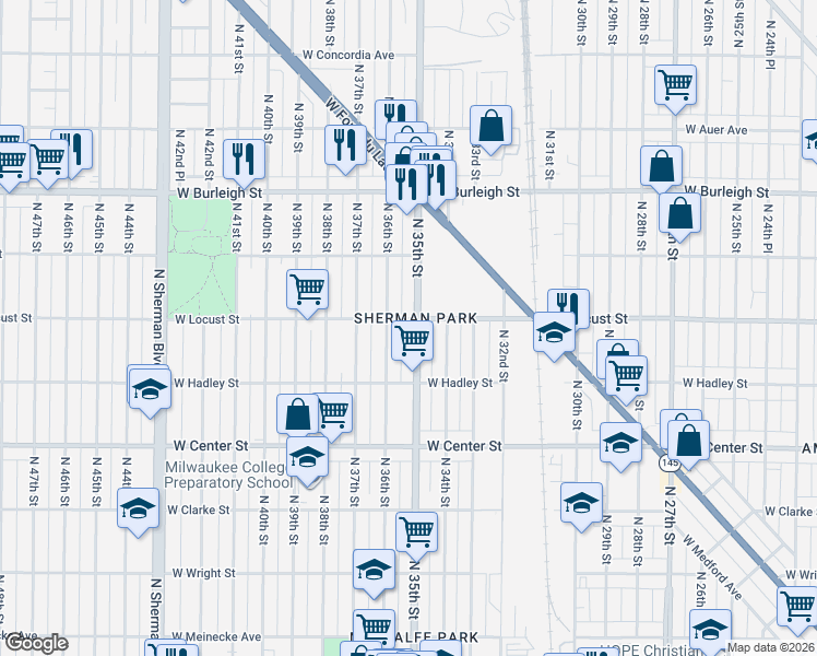map of restaurants, bars, coffee shops, grocery stores, and more near in Milwaukee