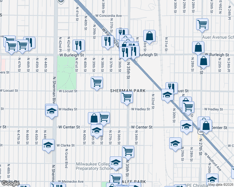 map of restaurants, bars, coffee shops, grocery stores, and more near 2852 North 36th Street in Milwaukee