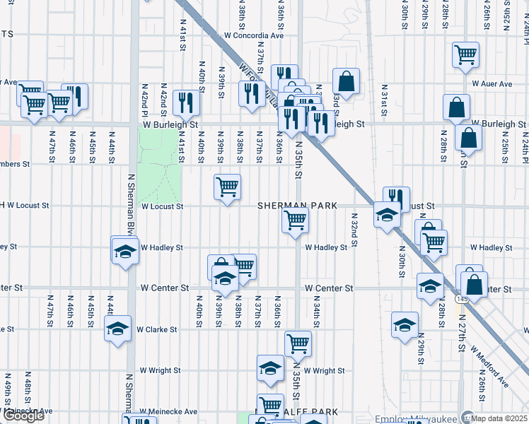 map of restaurants, bars, coffee shops, grocery stores, and more near 2857 North 37th Street in Milwaukee