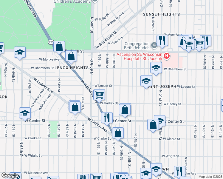 map of restaurants, bars, coffee shops, grocery stores, and more near 2850 North 57th Street in Milwaukee