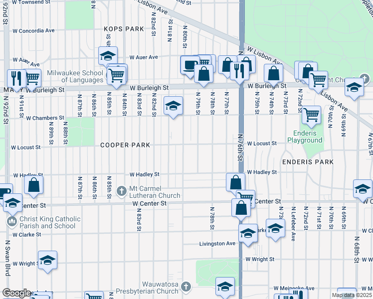 map of restaurants, bars, coffee shops, grocery stores, and more near 2857 North 80th Street in Milwaukee
