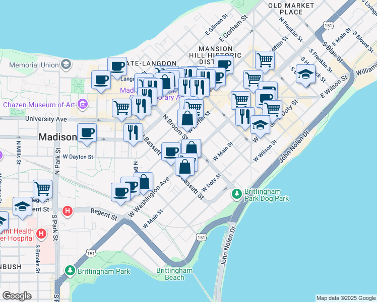map of restaurants, bars, coffee shops, grocery stores, and more near 5 North Broom Street in Madison