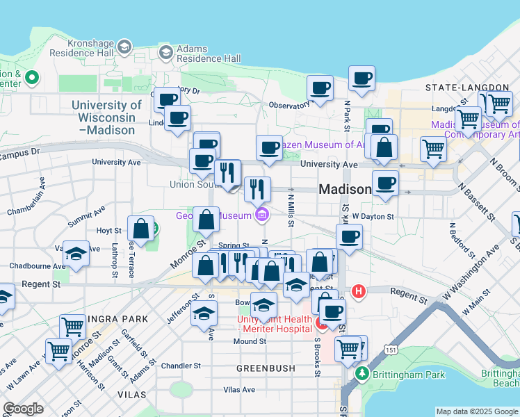 map of restaurants, bars, coffee shops, grocery stores, and more near 208 North Charter Street in Madison