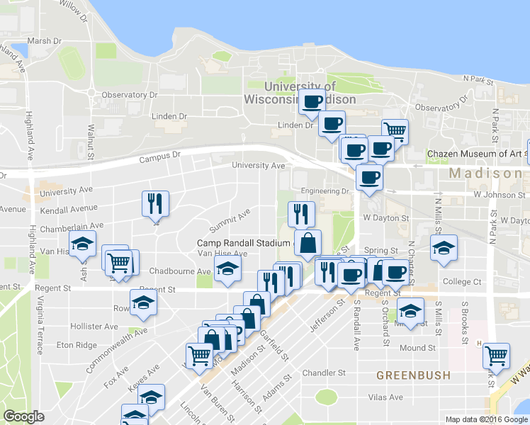 map of restaurants, bars, coffee shops, grocery stores, and more near 138 Lathrop Street in Madison