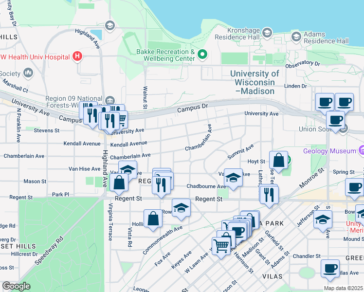 map of restaurants, bars, coffee shops, grocery stores, and more near 2120 Chamberlain Avenue in Madison
