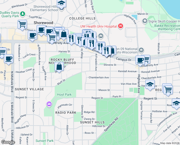 map of restaurants, bars, coffee shops, grocery stores, and more near 2822 Chamberlain Avenue in Madison