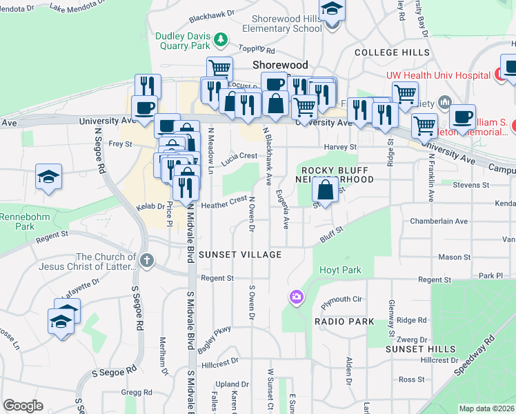 map of restaurants, bars, coffee shops, grocery stores, and more near 432 North Blackhawk Avenue in Madison