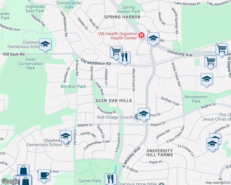 map of restaurants, bars, coffee shops, grocery stores, and more near 5379 Temple Court in Madison