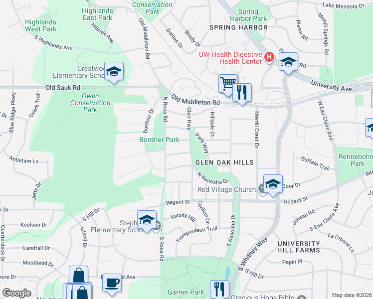 map of restaurants, bars, coffee shops, grocery stores, and more near 5509 Marconi Street in Madison