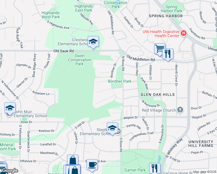 map of restaurants, bars, coffee shops, grocery stores, and more near 5722 Elder Place in Madison