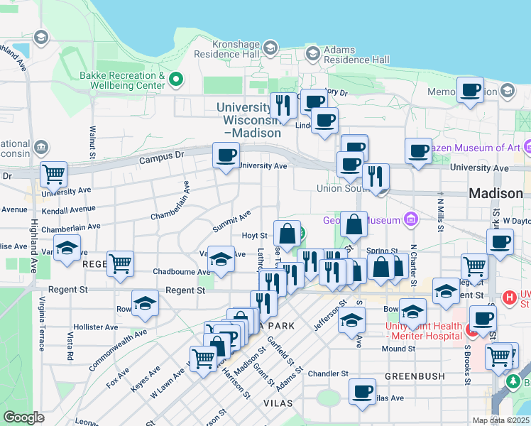 map of restaurants, bars, coffee shops, grocery stores, and more near 151 Lathrop Street in Madison