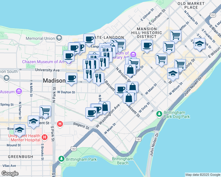 map of restaurants, bars, coffee shops, grocery stores, and more near 118 North Bassett Street in Madison