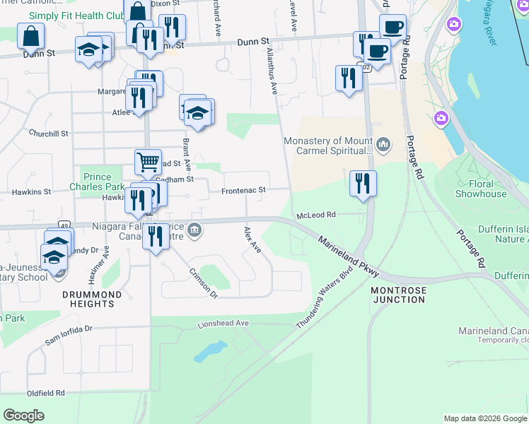map of restaurants, bars, coffee shops, grocery stores, and more near 5853 McLeod Road in Niagara Falls