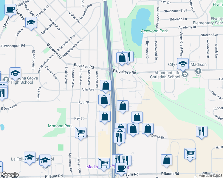map of restaurants, bars, coffee shops, grocery stores, and more near South Stoughton Road in Madison