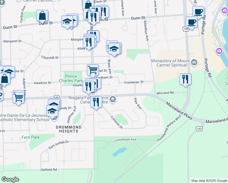 map of restaurants, bars, coffee shops, grocery stores, and more near 6080 McLeod Road in Niagara Falls