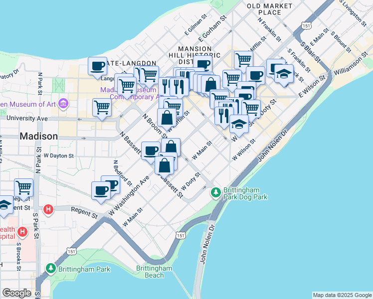 map of restaurants, bars, coffee shops, grocery stores, and more near 31 South Broom Street in Madison