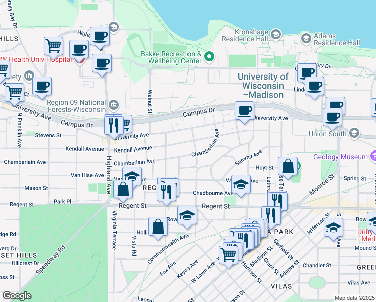 map of restaurants, bars, coffee shops, grocery stores, and more near 2120 Chamberlain Avenue in Madison