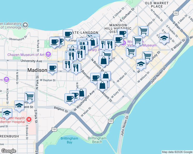map of restaurants, bars, coffee shops, grocery stores, and more near 431 West Mifflin Street in Madison