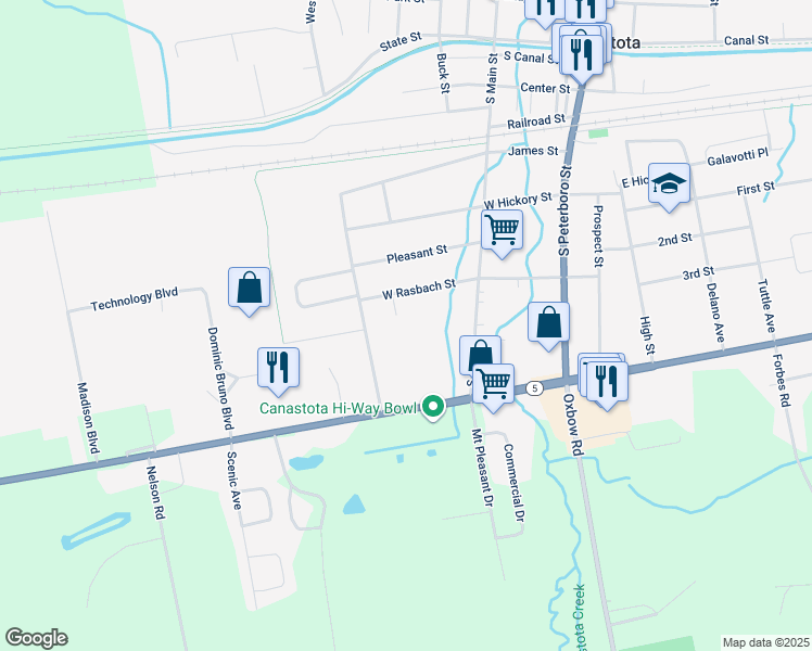 map of restaurants, bars, coffee shops, grocery stores, and more near 3 Sgarlata Place in Canastota