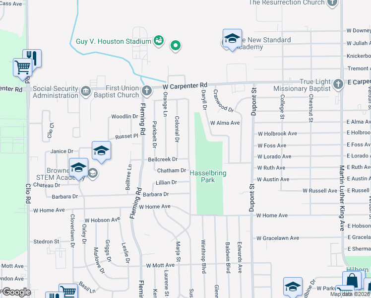 map of restaurants, bars, coffee shops, grocery stores, and more near 6606 Sally Court in Flint