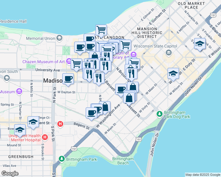 map of restaurants, bars, coffee shops, grocery stores, and more near 120 North Bassett Street in Madison