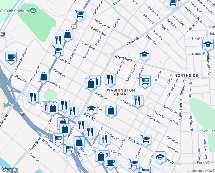 map of restaurants, bars, coffee shops, grocery stores, and more near 1015 1st North Street in Syracuse