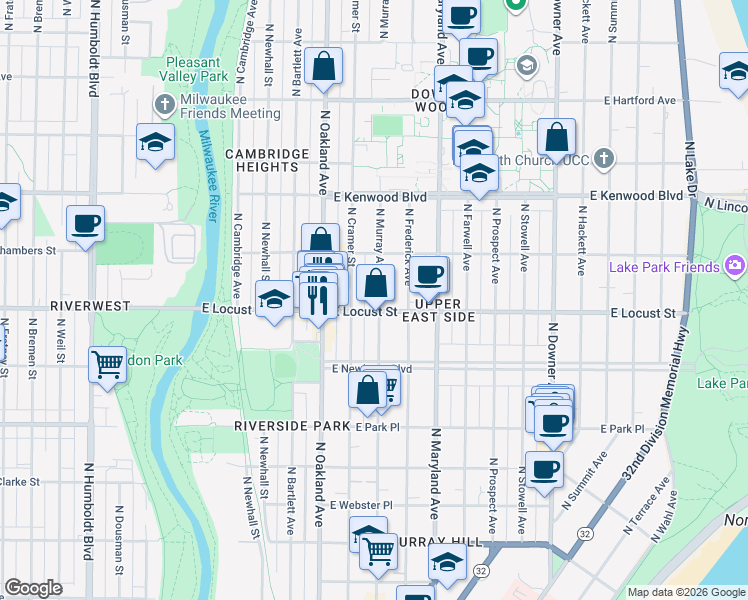 map of restaurants, bars, coffee shops, grocery stores, and more near 2903 North Murray Avenue in Milwaukee