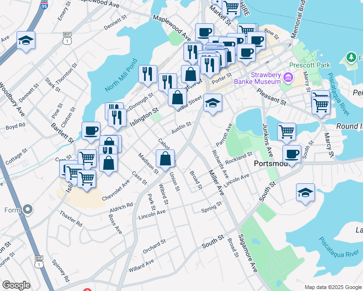 map of restaurants, bars, coffee shops, grocery stores, and more near 364 Middle Street in Portsmouth