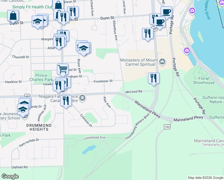 map of restaurants, bars, coffee shops, grocery stores, and more near 5893 McLeod Road in Niagara Falls