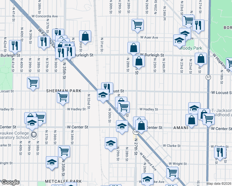 map of restaurants, bars, coffee shops, grocery stores, and more near 2858 North 29th Street in Milwaukee