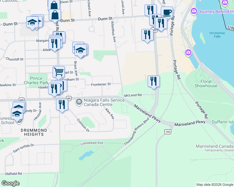 map of restaurants, bars, coffee shops, grocery stores, and more near 5821 McLeod Road in Niagara Falls