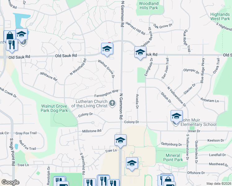 map of restaurants, bars, coffee shops, grocery stores, and more near 5 Round Hill Circle in Madison