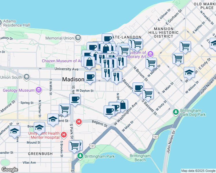 map of restaurants, bars, coffee shops, grocery stores, and more near 215 North Frances Street in Madison