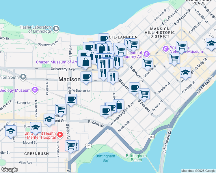 map of restaurants, bars, coffee shops, grocery stores, and more near 212 Marion Street in Madison