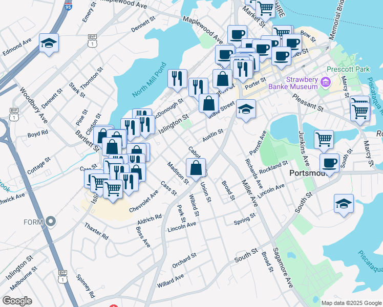 map of restaurants, bars, coffee shops, grocery stores, and more near 46 Cabot Street in Portsmouth