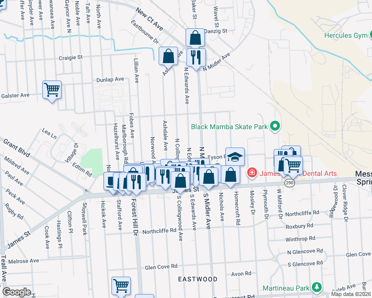 map of restaurants, bars, coffee shops, grocery stores, and more near 207 North Edwards Avenue in Syracuse