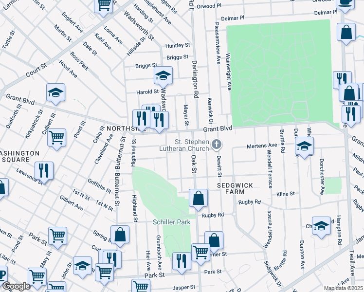map of restaurants, bars, coffee shops, grocery stores, and more near 1365 Oak Street in Syracuse