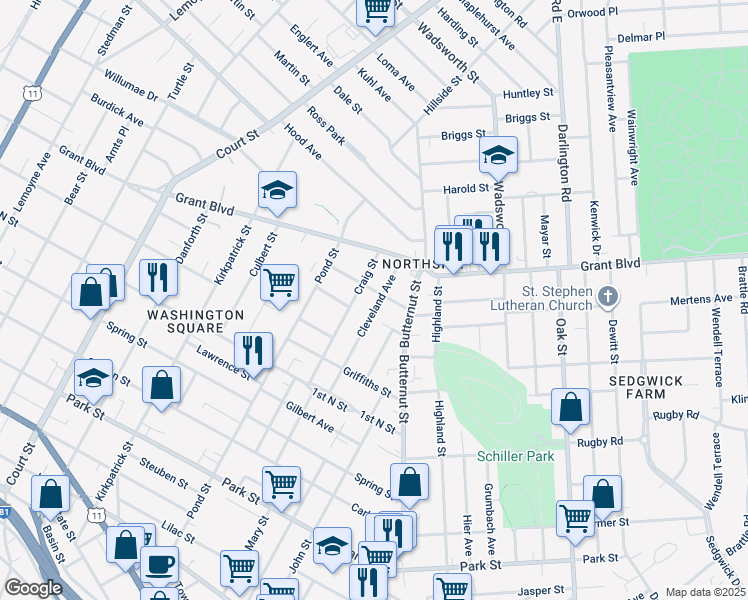 map of restaurants, bars, coffee shops, grocery stores, and more near 238 Cleveland Avenue in Syracuse