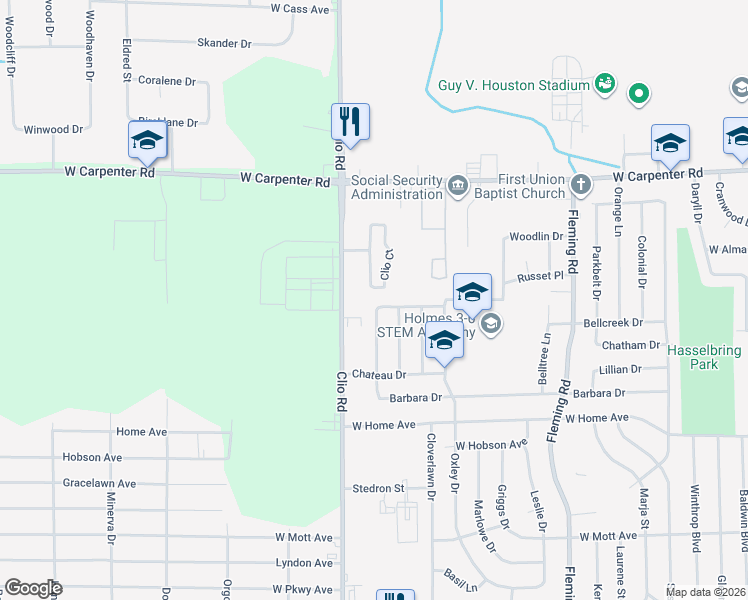 map of restaurants, bars, coffee shops, grocery stores, and more near 2205 Janice Drive in Flint