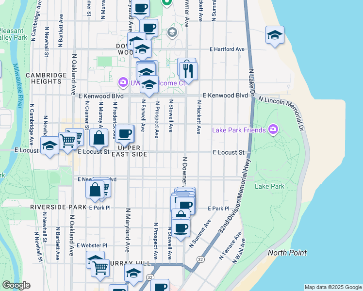 map of restaurants, bars, coffee shops, grocery stores, and more near 2866 North Stowell Avenue in Milwaukee