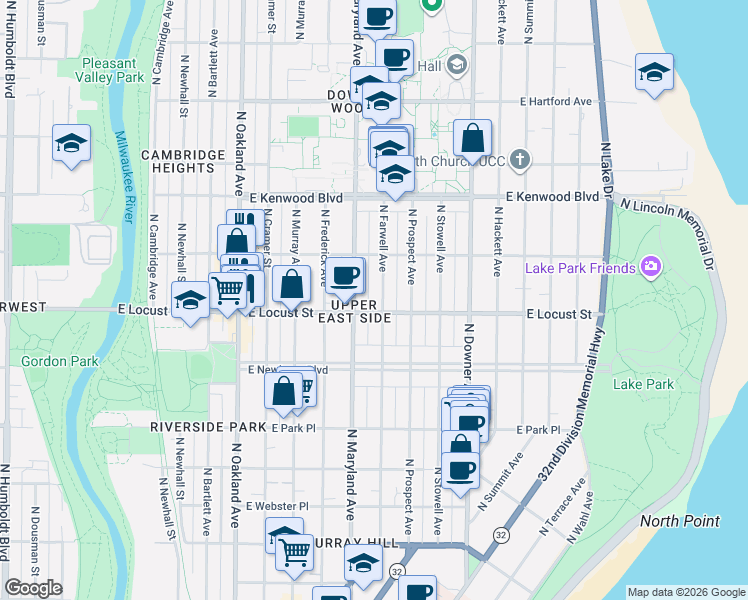 map of restaurants, bars, coffee shops, grocery stores, and more near 2903 North Farwell Avenue in Milwaukee