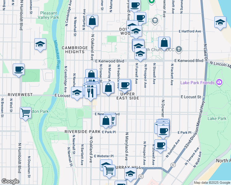 map of restaurants, bars, coffee shops, grocery stores, and more near 2864 North Murray Avenue in Milwaukee