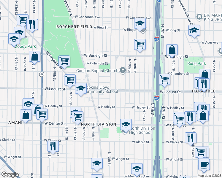 map of restaurants, bars, coffee shops, grocery stores, and more near 2869 North 12th Street in Milwaukee