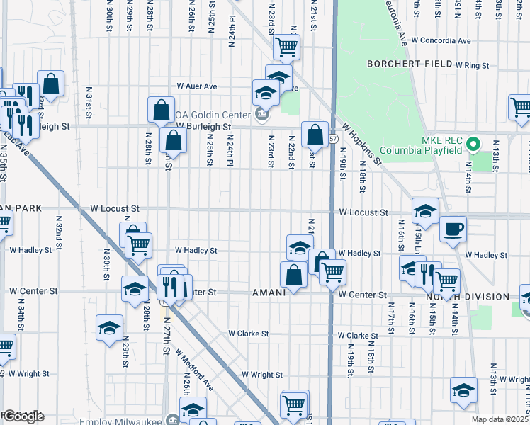 map of restaurants, bars, coffee shops, grocery stores, and more near 2858 North 24th Street in Milwaukee